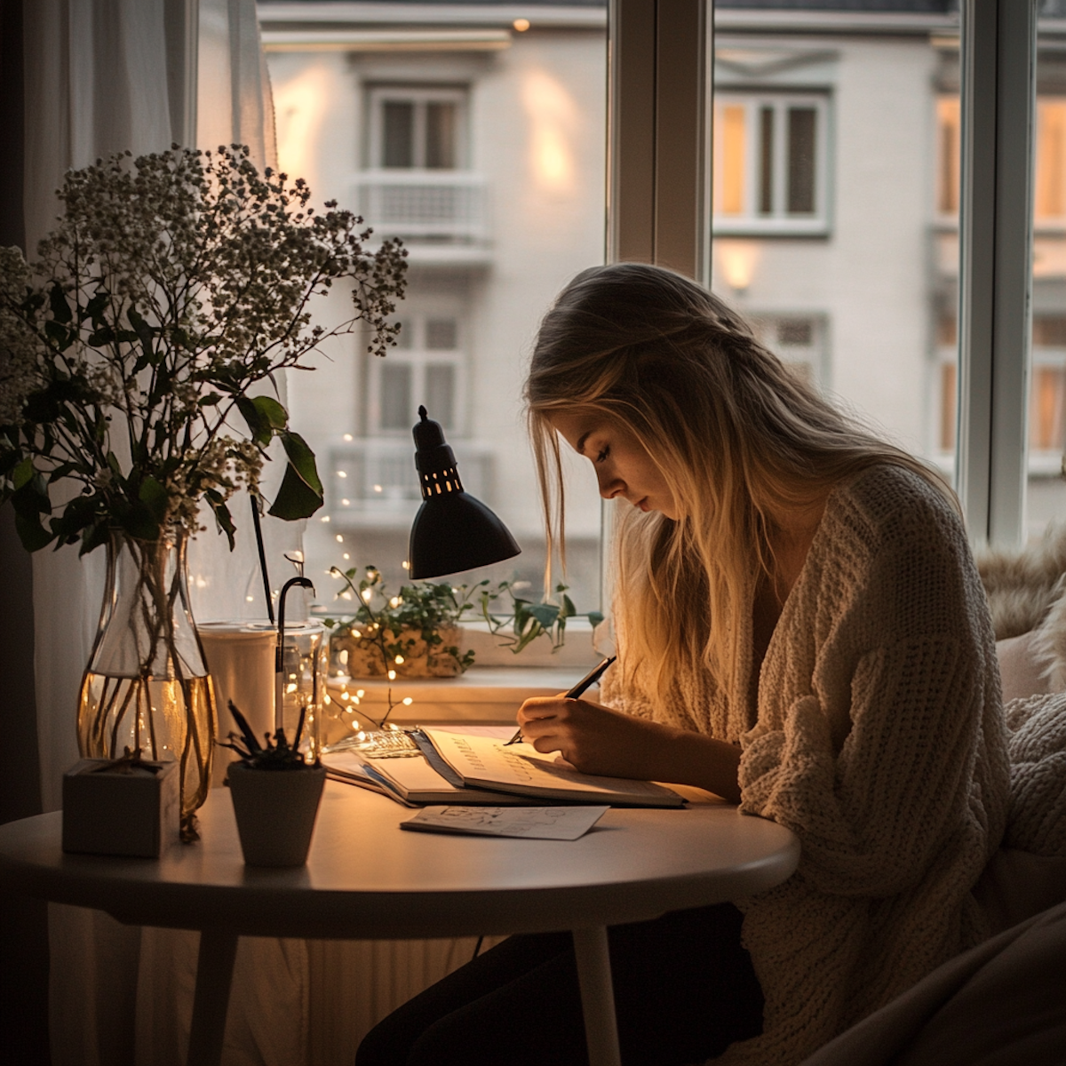 serene woman writing by window